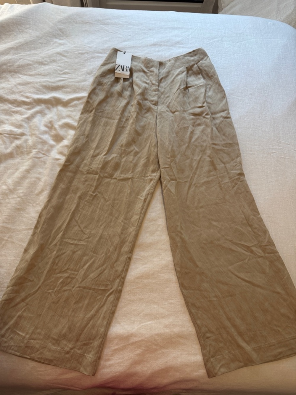 Zara Beige Wide-Leg Linen-Blend Trousers